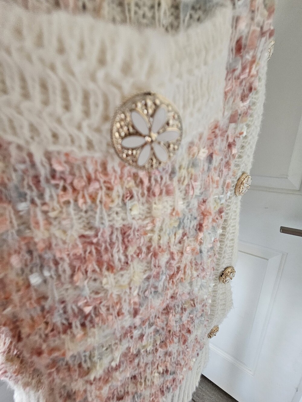 Handmade Women's Cream & Blush Textured Button-Front Cardigan - Picture 6 of 11